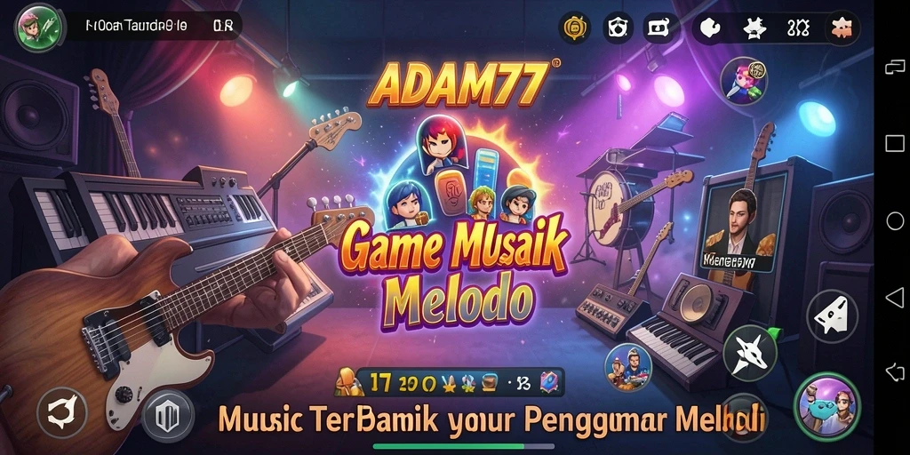 Tampilan gameplay ADAM77 dengan berbagai alat musik yang interaktif.