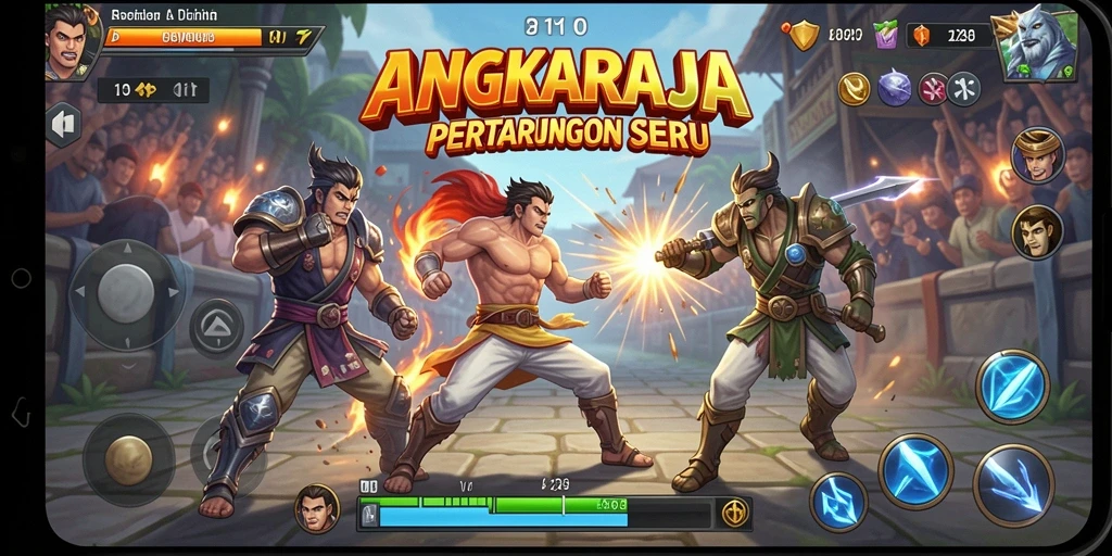 Screenshot gameplay ANGKARAJA menunjukkan pertarungan seru antara dua karakter.