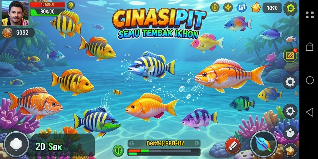Tampilan gameplay CINASIPIT dengan ikan berwarna-warni yang menunggu untuk ditembak.