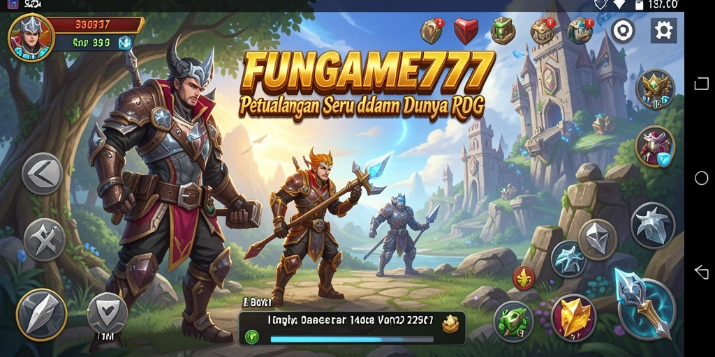 Tangkapan layar utama FUNGAME777 menampilkan pertarungan epik di dunia fantasi.