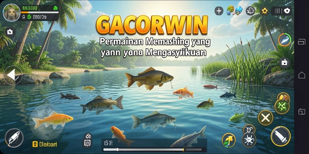 Screenshot GACORWIN menampilkan pemain yang sedang memancing di laut yang indah.