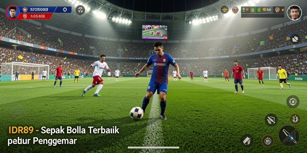 Tampilan utama gameplay IDR89 menampilkan aksi seru di lapangan sepak bola.