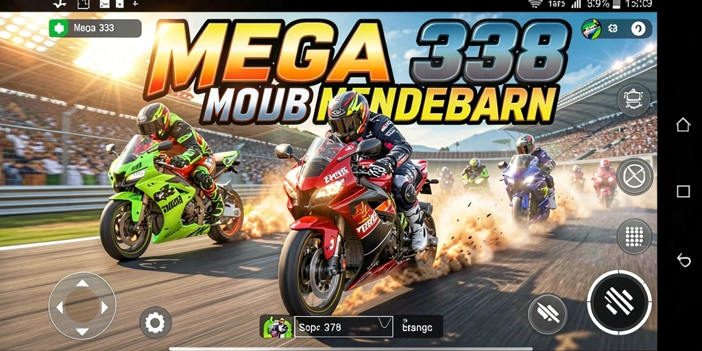 Tangkapan layar utama MEGA338 menampilkan aksi balapan motor yang seru.