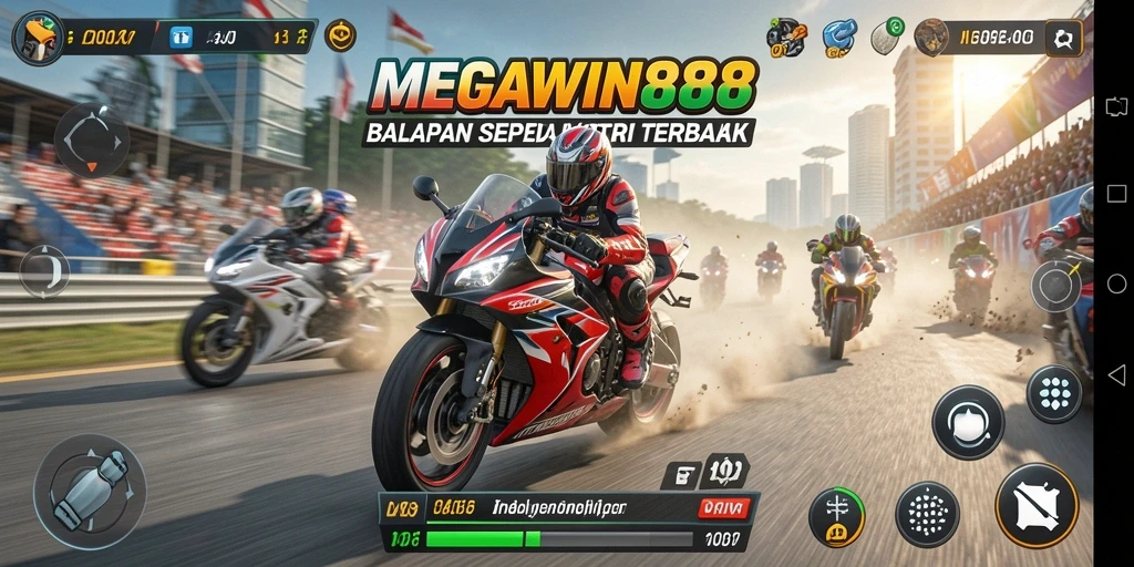 Tampilan balapan mendebarkan dalam MEGAWIN888 dengan sepeda motor cepat.