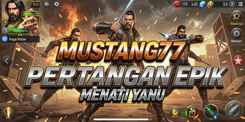 Screenshot menunjukkan aksi bertarung mendebarkan di MUSTANG77.