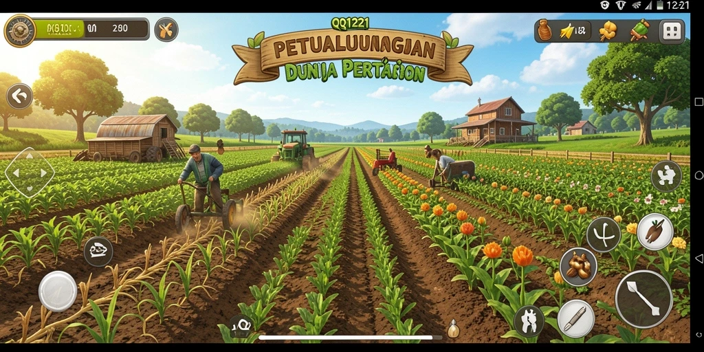 Screenshot QQ1221 menunjukkan pemain merawat tanaman di kebun.