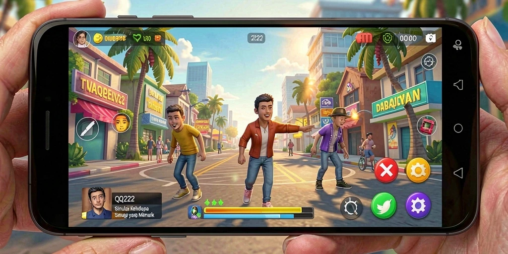 Tangkapan layar gameplay menarik dari QQ222 yang menunjukkan simulasi kehidupan.