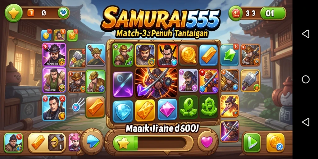 Screenshot SAMURAI555 menampilkan gameplay Match-3 yang seru dan penuh warna.