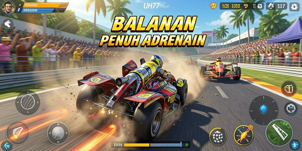 Tampilan gameplay UH77 yang seru dan mendebarkan di lintasan balap.